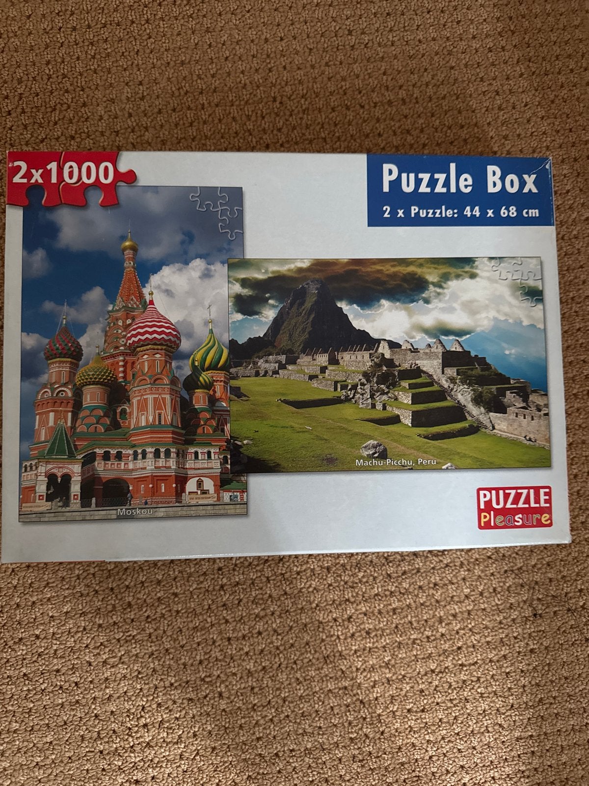Puzzel Box: 2x1000 stukjes Moskou & Machu Picchu, Ophalen of Verzenden, 500 t/m 1500 stukjes, Zo goed als nieuw, Legpuzzel