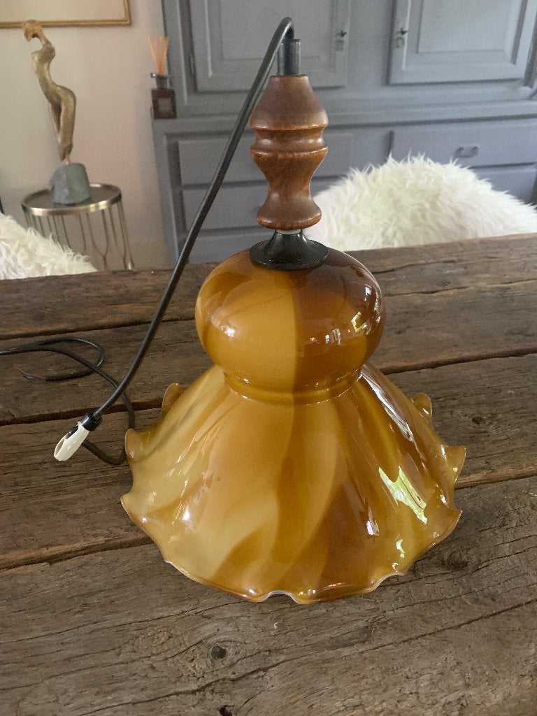 Herda hanglamp jaren 70, Vintage, Zo goed als nieuw, Glas, E27 (groot)