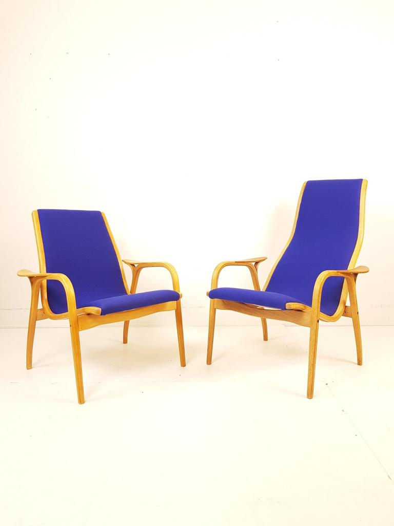Yngve Ekström fauteuils opknappers ploegstof kobalt blauw, Huis en Inrichting, Fauteuils, Gebruikt, Hout, 50 tot 75 cm, 75 tot 100 cm
