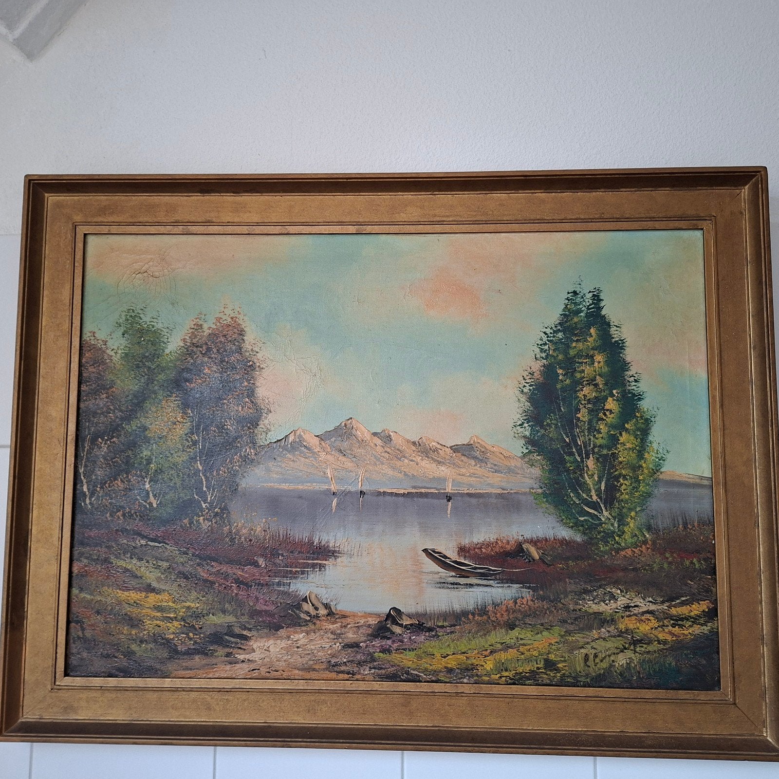 Olieverfschilderij: Berglandschap met meer en boten, Ophalen of Verzenden