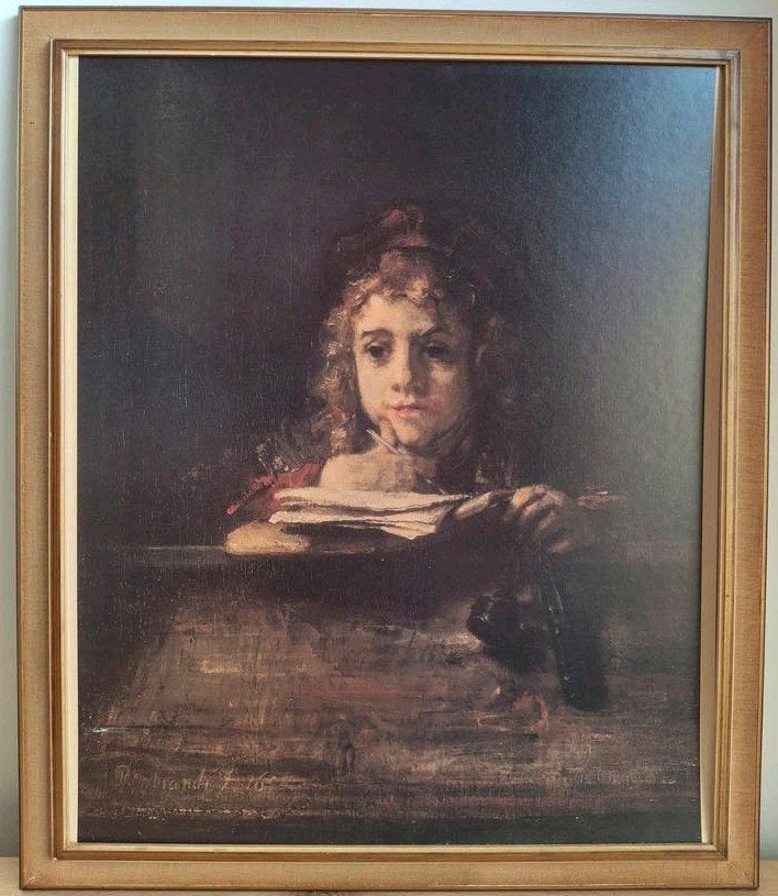 OUDE REPRODUCTIE REMBRANDT VAN RIJN - TITUS AAN DE LEZENAAR, Ophalen, Portret of Personen, Klassiek, Print