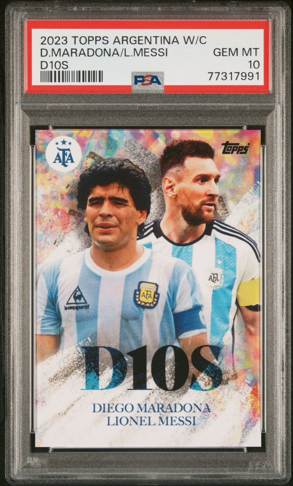 2023 Topps D10S Maradona Messi PSA 10 GEM MT, Ophalen of Verzenden, Nieuw, Buitenlandse clubs, Spelerskaart