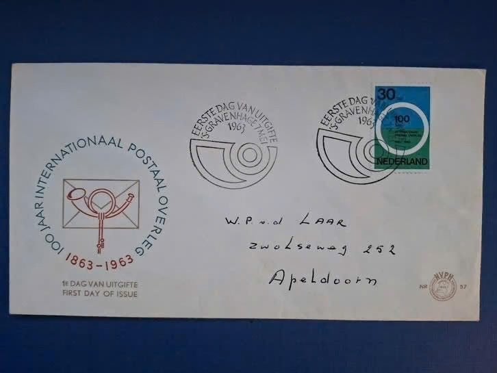 Postzegel NL 1963 FDC 57 Postaal overleg 27-08, Postzegels en Munten, Postzegels | Nederland, Ophalen of Verzenden, Na 1940, Gestempeld