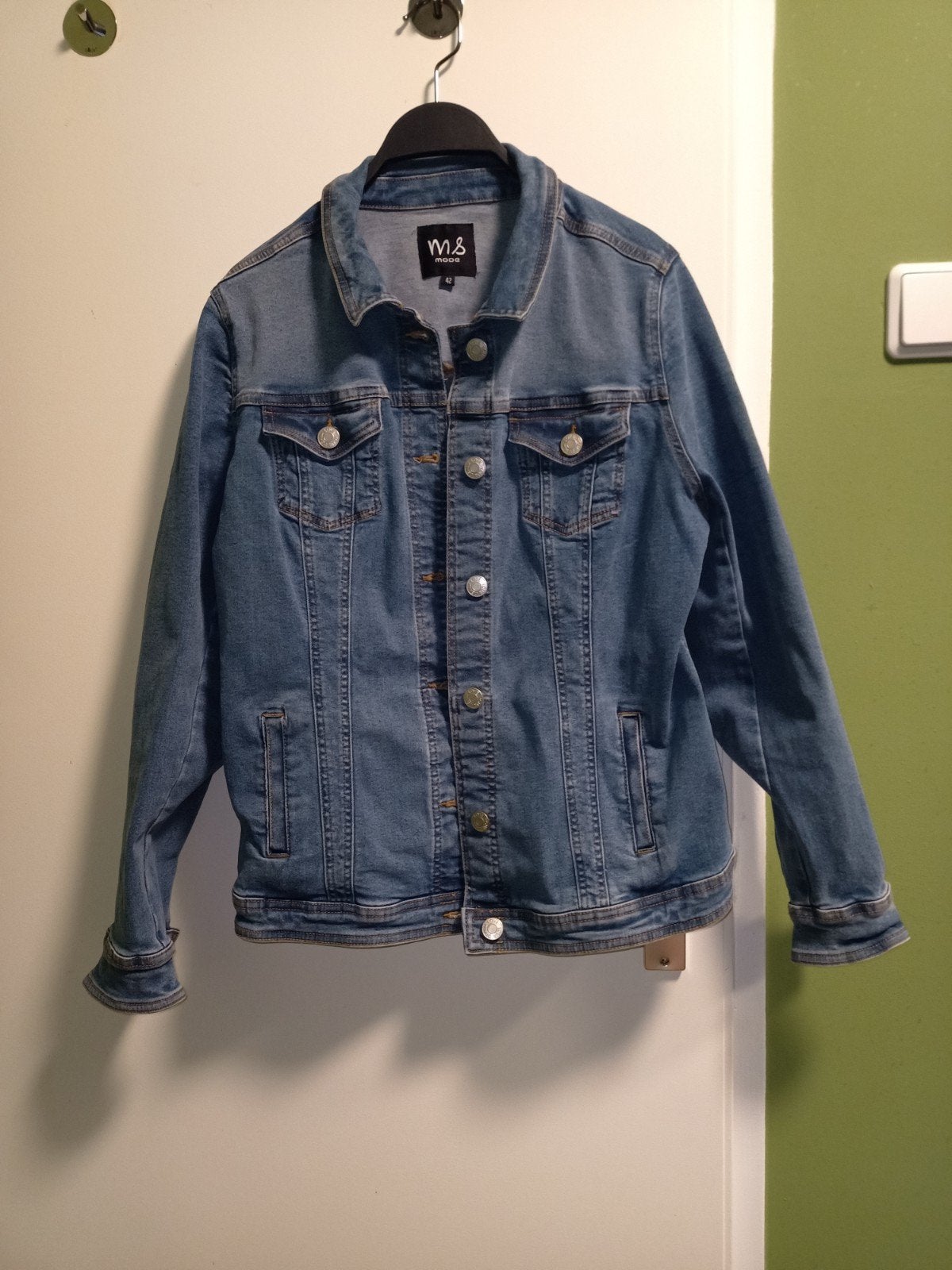 MS mode stretch spijkerjasje maat 42, Ophalen of Verzenden, Zo goed als nieuw, Maat 42/44 (L), Blauw