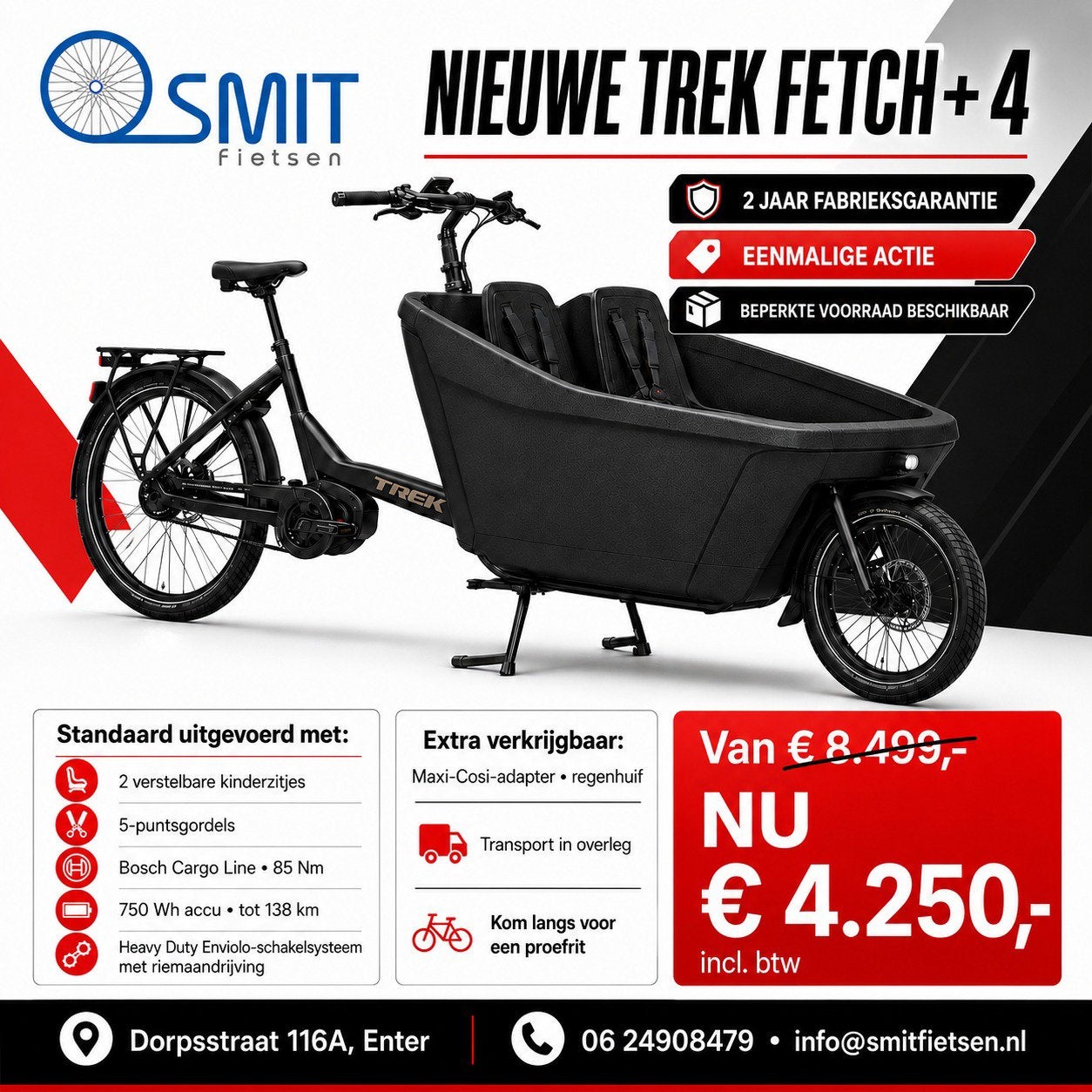 Trek fetch +4 bakfiets NIEUW incl. garantie, 3 kinderen, Huif, Nieuw, Schijfrem