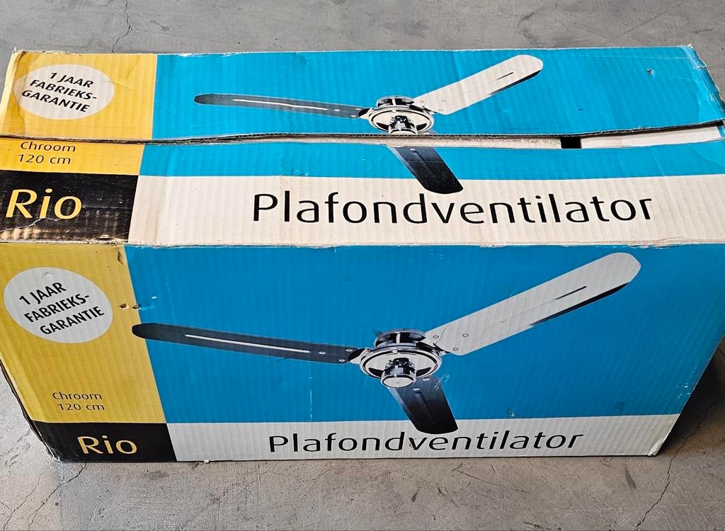 Rio Plafondventilator Chroom 120 cm - Nieuw in doos, Ophalen of Verzenden, Nieuw, Plafondventilator
