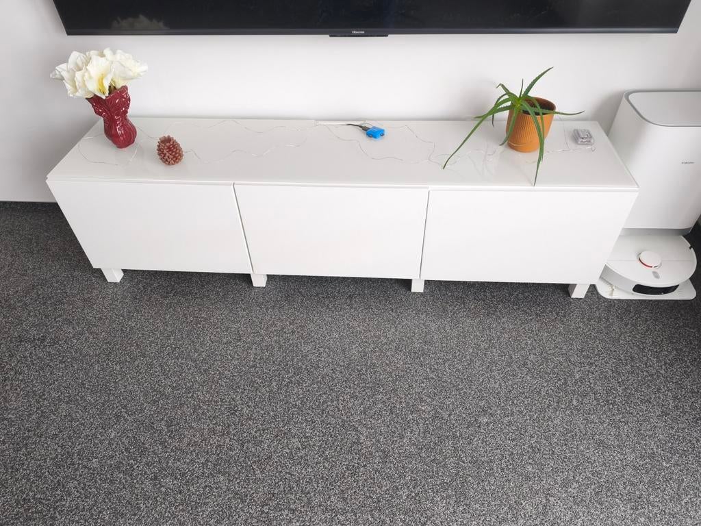 Witte TV meubel TV stand met glazen blad - 180x42x49.5cm, Ophalen, Gebruikt, 150 tot 200 cm, Minder dan 100 cm