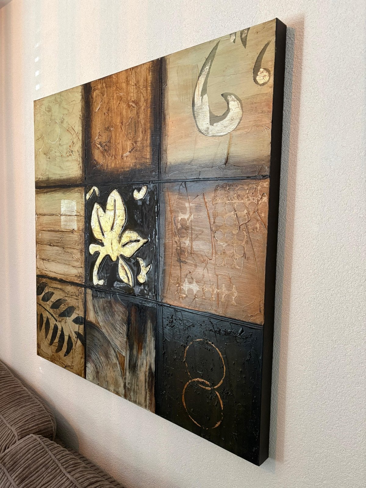 Abstract Schilderij met Bladmotief - Bruin/Goud, Ophalen, Zo goed als nieuw, Schilderij, 75 tot 100 cm