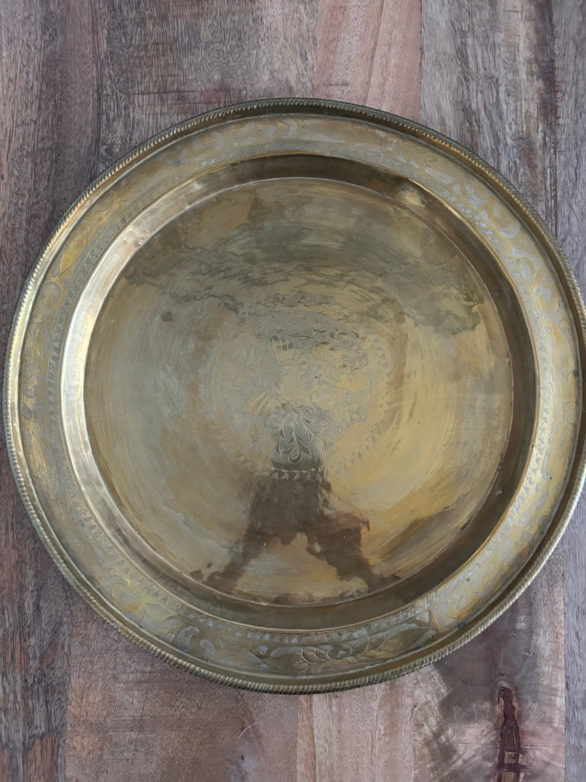 Vintage Koperen Dienblad met Gravures - Diameter 46 cm, Antiek en Kunst, Ophalen of Verzenden