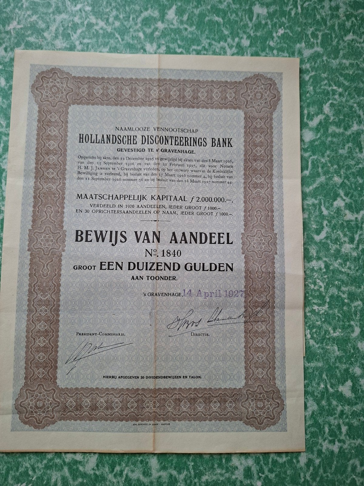 Bewijs van Aandeel No.1840 Hollandsche Disconteerings Bank., Ophalen of Verzenden, 1920 tot 1950, Aandeel