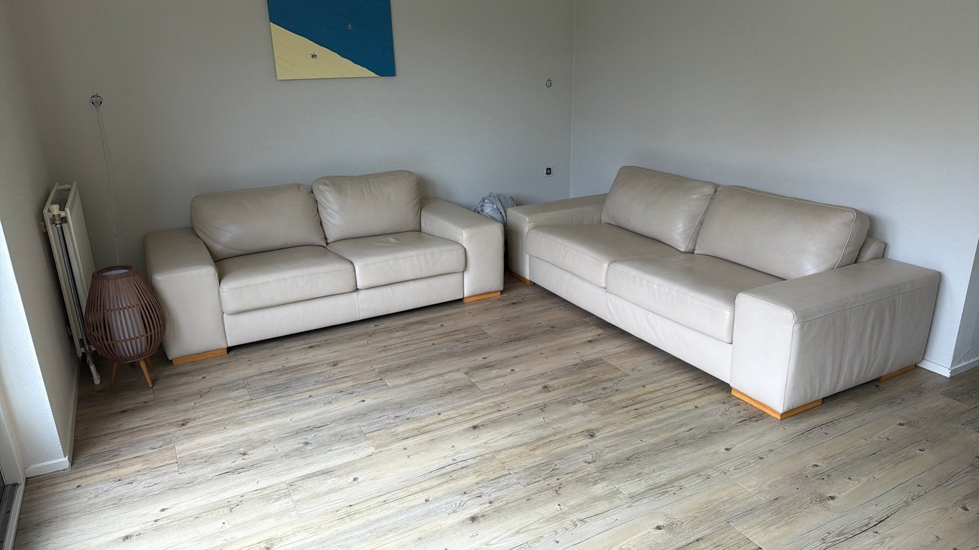Set van 2 beige leren banken - Goede staat, Ophalen, Gebruikt, Rechte bank, 200 tot 250 cm