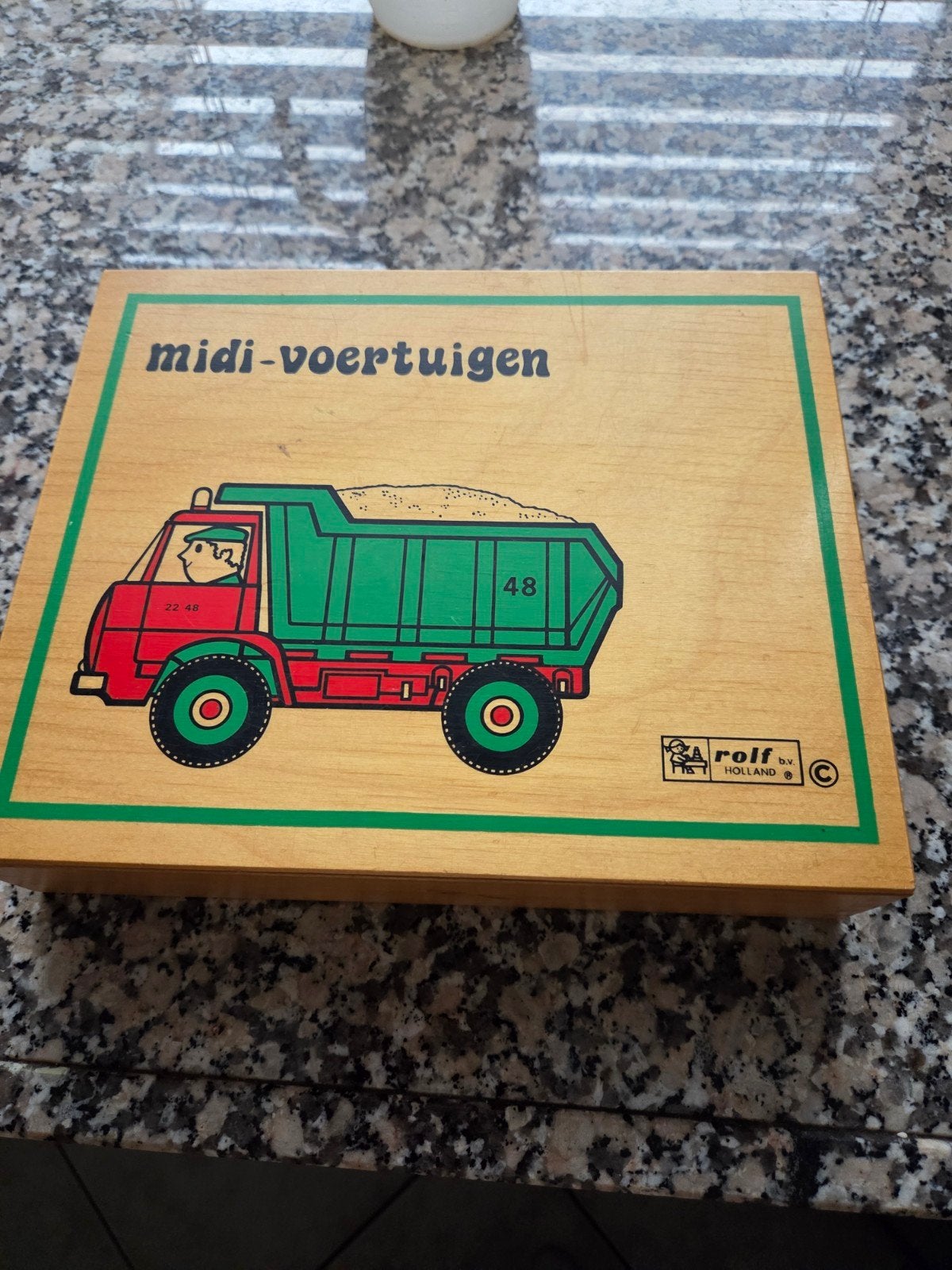 Rolf houten puzzeldoos met 10 voertuigpuzzels, Gebruikt, 10 tot 50 stukjes, Ophalen of Verzenden, Van hout
