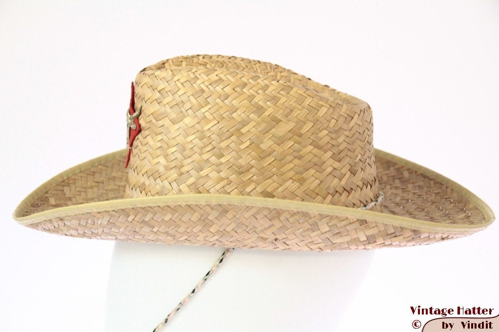 Vintage cowboy Western hoed stro met rode buffel-patch 56, Ophalen of Verzenden, Gedragen, 57 cm (M, 7⅛ inch) of minder, Hoed