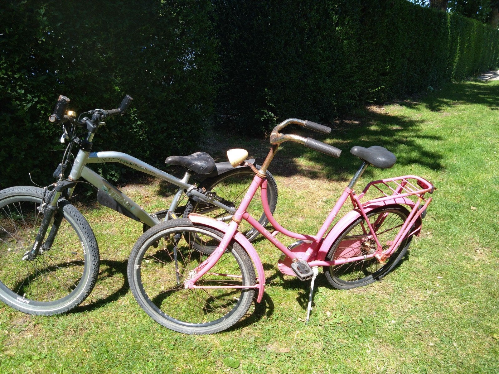 Roze kinderfiets en grijze mountainbike, Fietsen en Brommers, Gebruikt, Velgrem, Versnellingen, Minder dan 47 cm