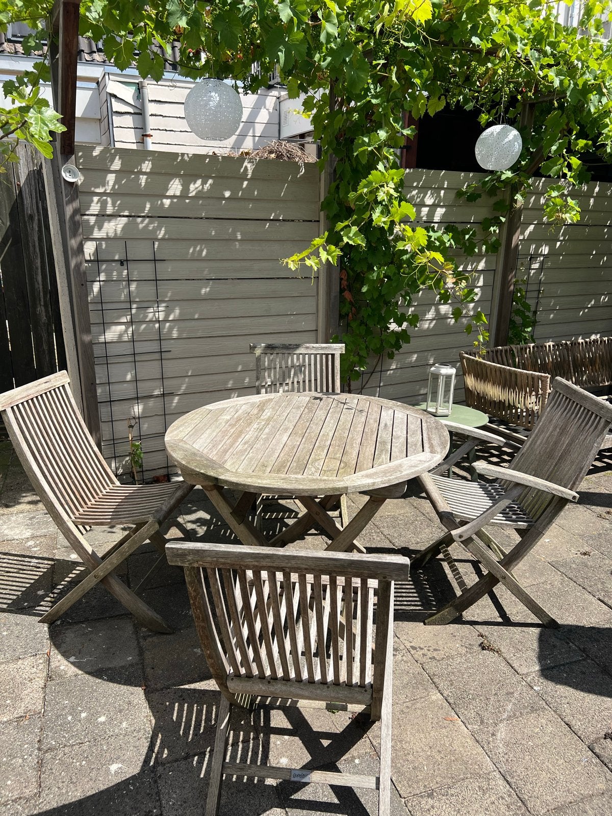 Teakhouten tuinset - ronde tafel met 4 stoelen, Ophalen, 4 zitplaatsen, Gebruikt, Eettafel
