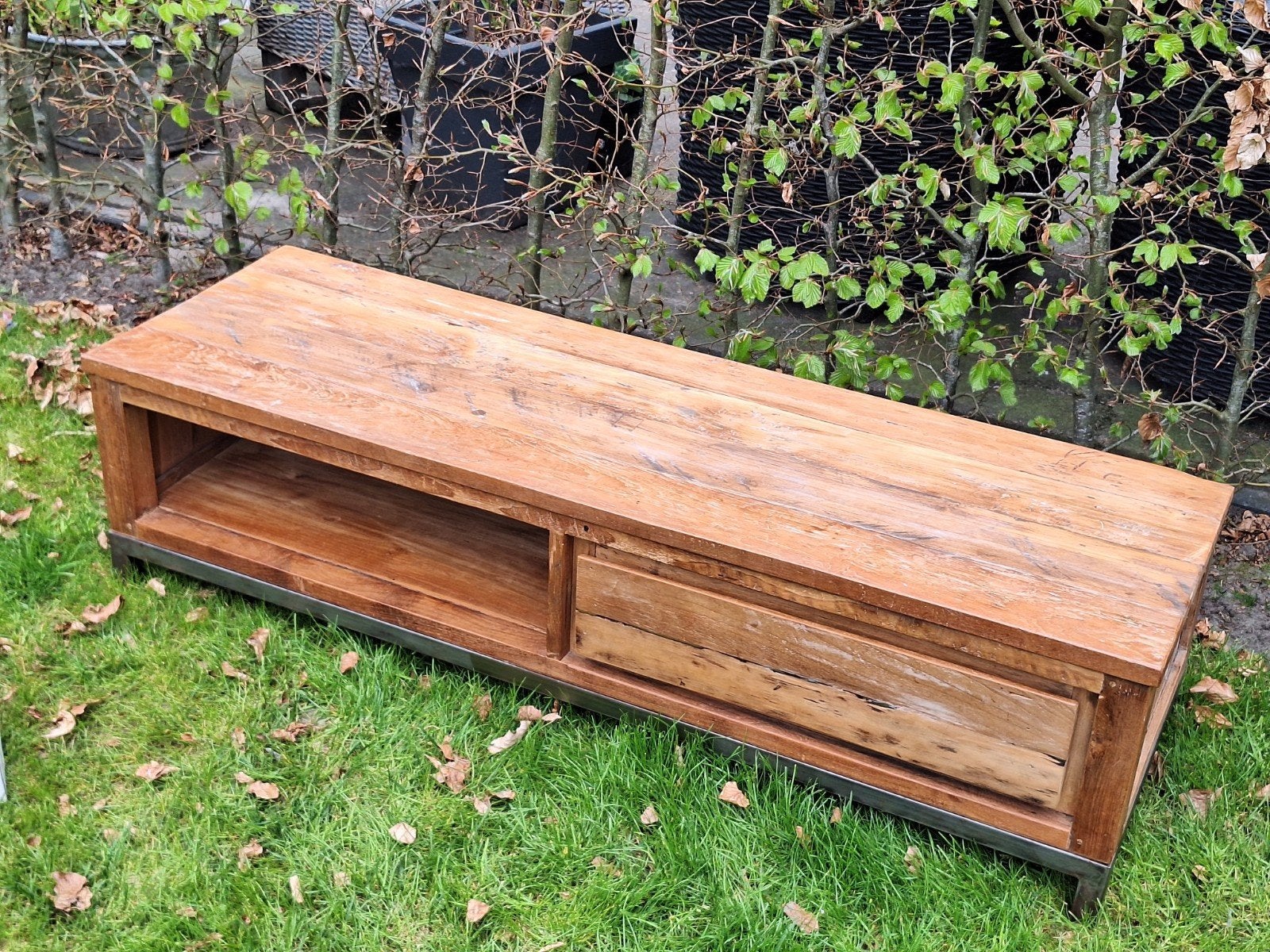 Industriele tvmeubel,Teak,staal,robuust,gerecycled,stoer,, Ophalen, Teakhout, Zo goed als nieuw, Minder dan 100 cm
