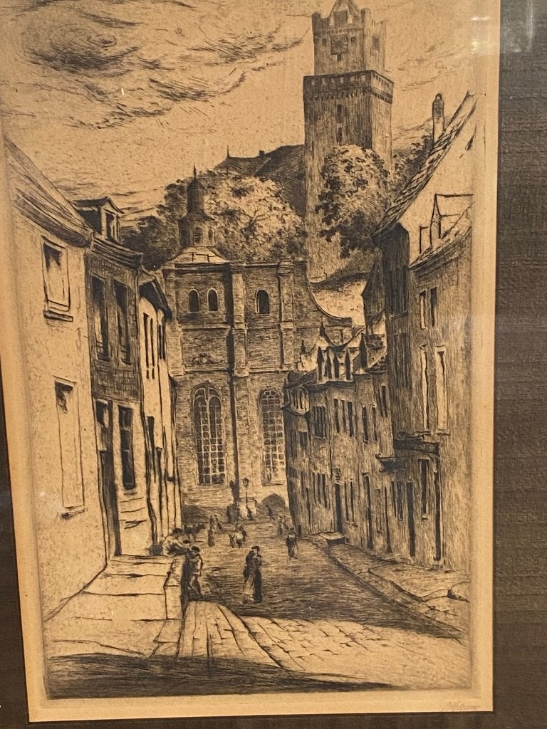 Arthur Henne - Schwanenburg Kleef, Origineel, Ets, Stadsgezicht, 23 cm