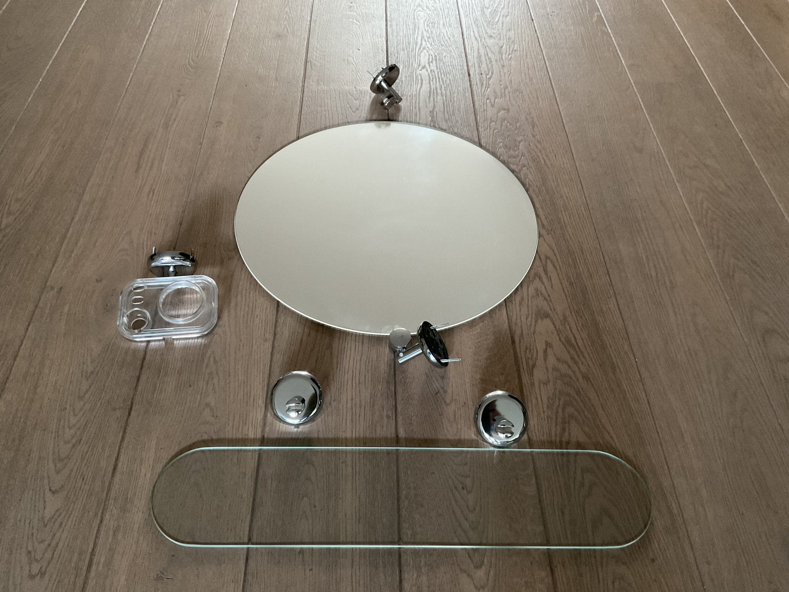 Complete badkamerset, spiegel, glasplaat, tandenborstelrekje, Ophalen, Gebruikt, Rond, Minder dan 100 cm