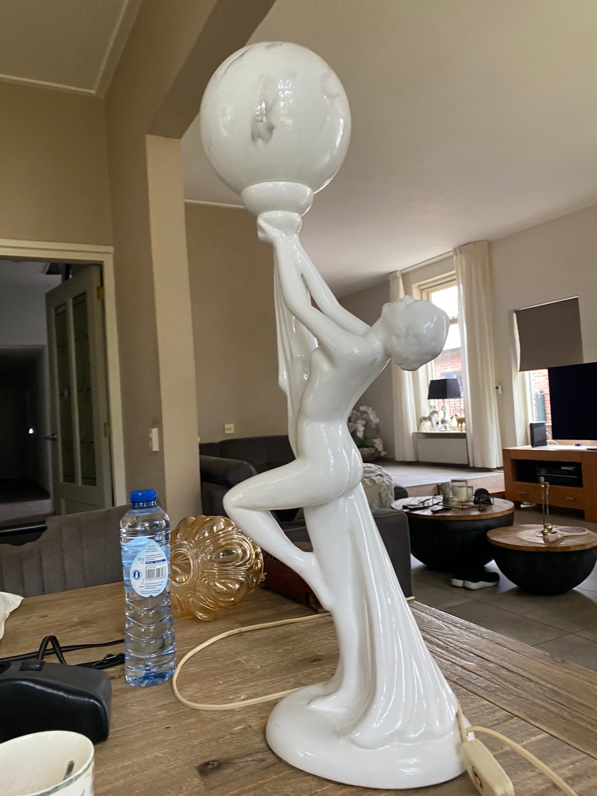 grote Vintage retro jaren 70 art deco lamp, Glas, Gebruikt, Art deco, Wit