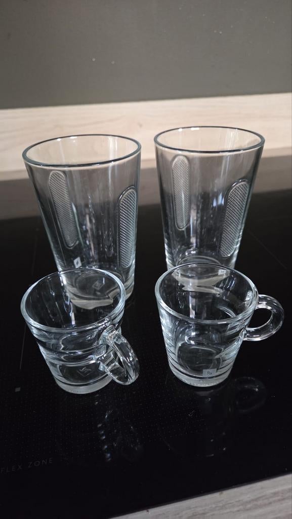 Nespresso glazen - 2 Lungo en 2 Espresso, Glas of Glazen, Gebruikt, Ophalen of Verzenden, Glas