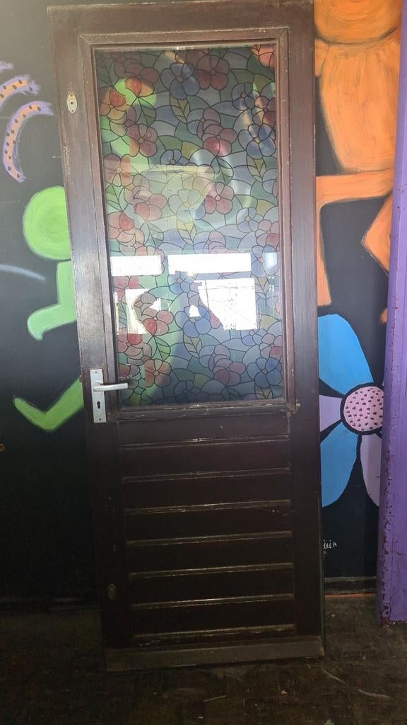 Merbau schuurdeur met glas in lood effect, Gebruikt, 80 tot 100 cm, Onbekend, Ophalen of Verzenden