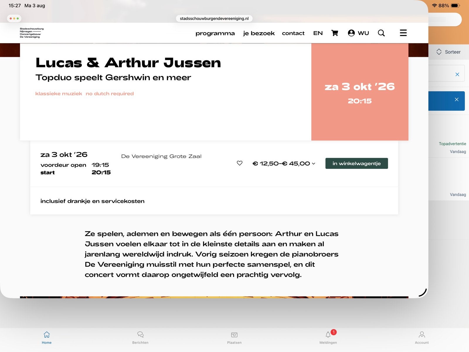 2 kaartjes concert Jussen - Vereeniging Nijmegen 3/10, Twee personen, Oktober