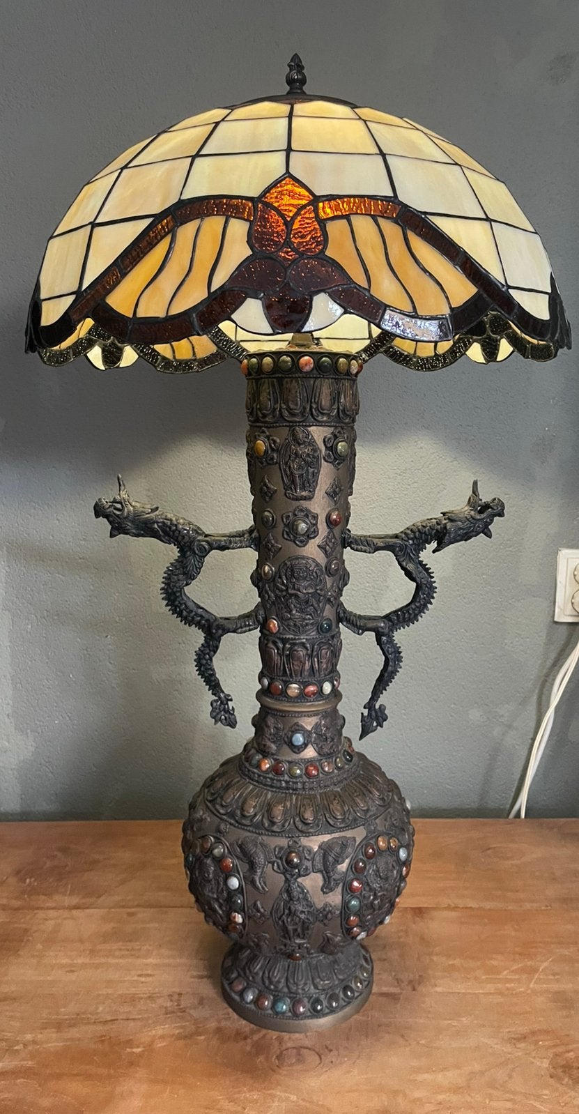 Bronzen aziatische tafellamp met tiffany kap. 90x50, Ophalen, Zo goed als nieuw