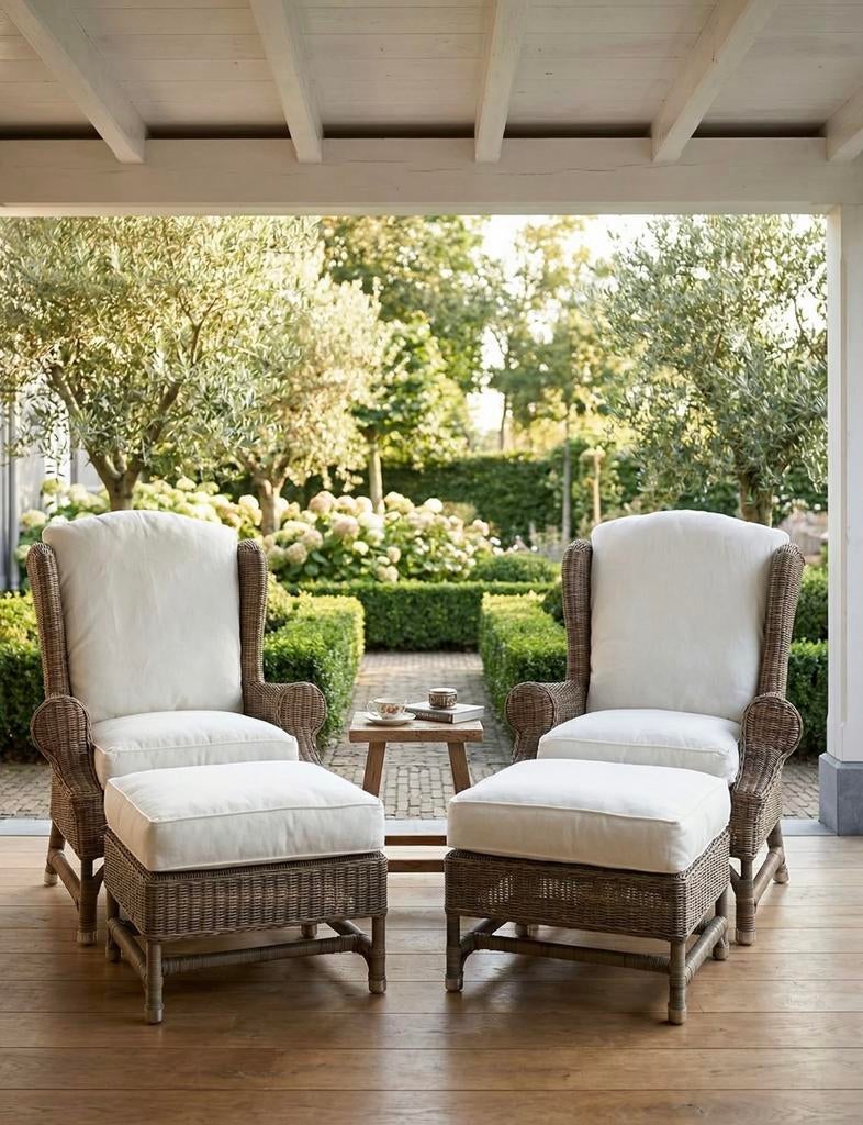 2 Riviera Maison fauteuil met hocker., Ophalen, Gebruikt