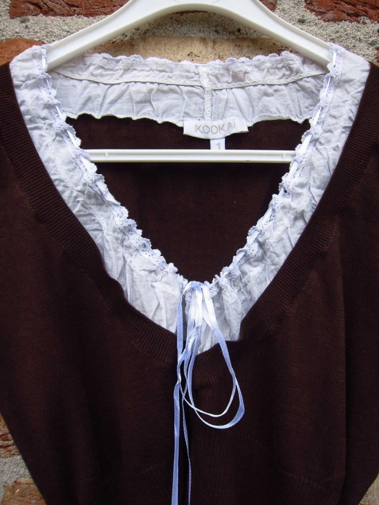 elegante bruine trui van Kookai met wit broderie halsje - xs, Bruin, Kookai, Ophalen of Verzenden, Zo goed als nieuw