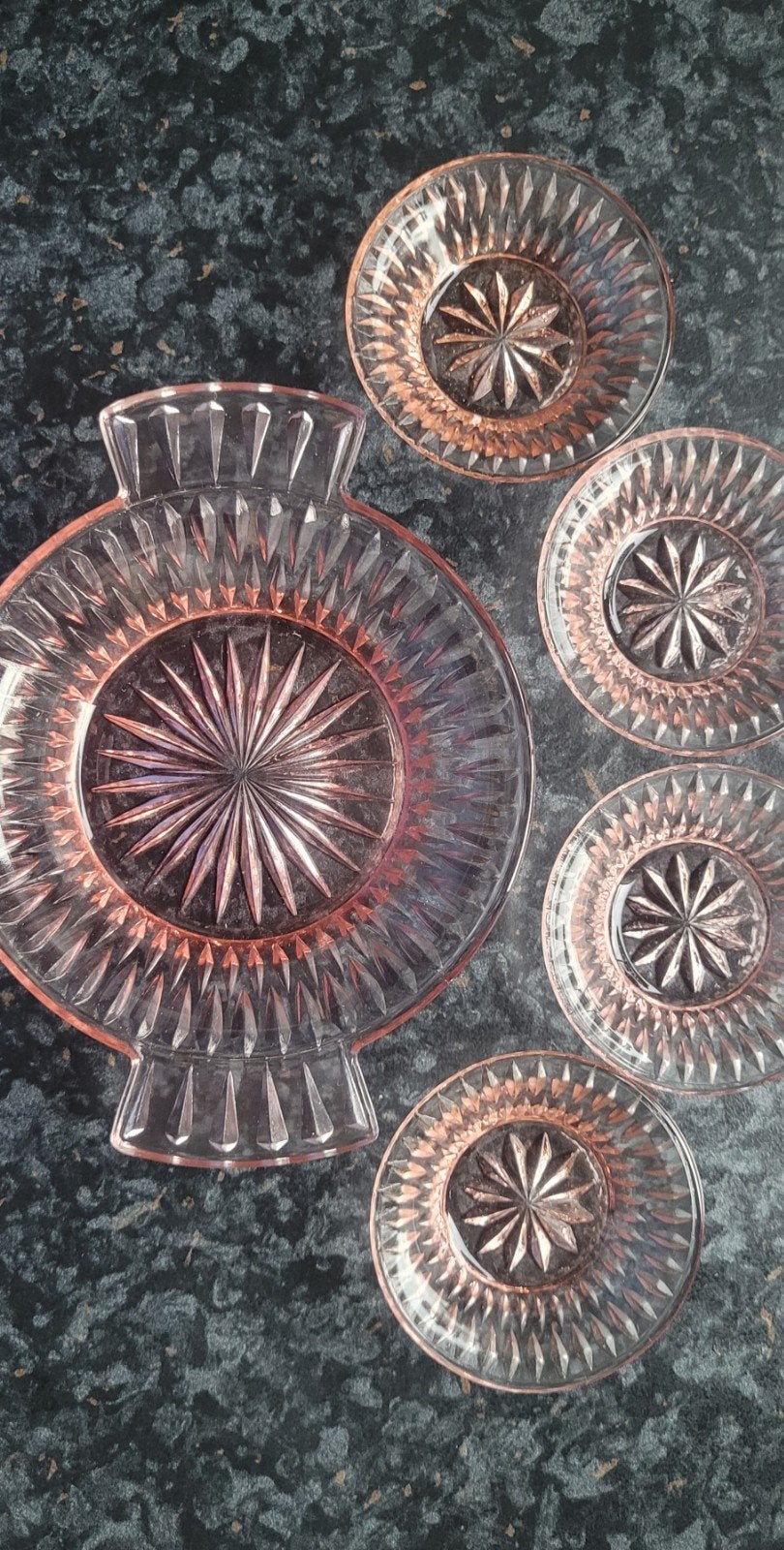 Vintage Persglazen Suikerpot en nootjesset, roze uitvoering, Ophalen of Verzenden