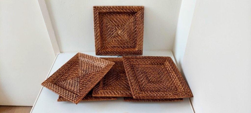 6 Boho rieten onderborden onder borden vierkant  30x30 cm, Overige materialen, Eu, Eu, Ophalen of Verzenden