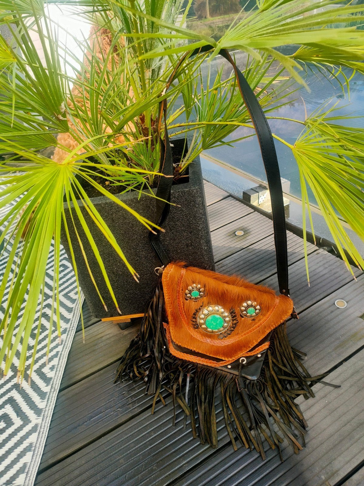 Nieuw! Handgemaakte leren Ibiza festivaltas met koeienhuid, Overige merken, Bruin, Nieuw, Ophalen of Verzenden