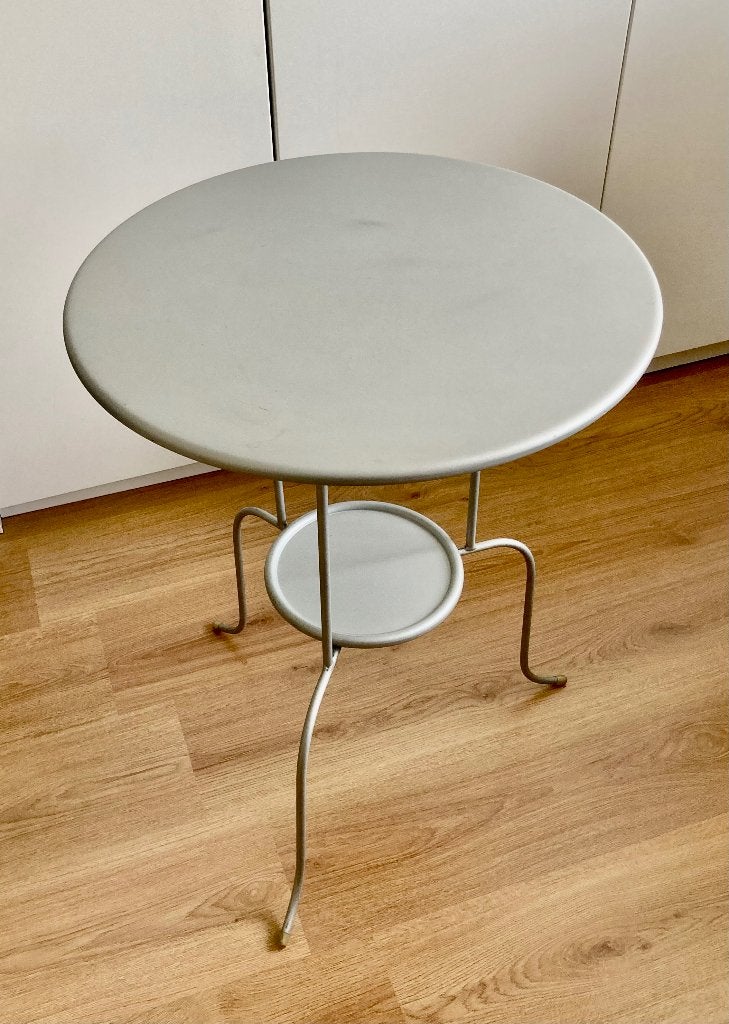 Vintage bijzettafeltje Lindved Ikea zilverkleurig invouwbaar, Ophalen, Minder dan 55 cm, Metaal of Aluminium, Rond