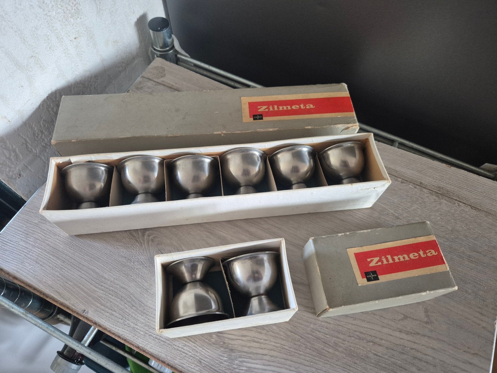 set van 8 vintage metalen eierdoppen, Overige merken, Overige typen, Nieuw, Ophalen of Verzenden
