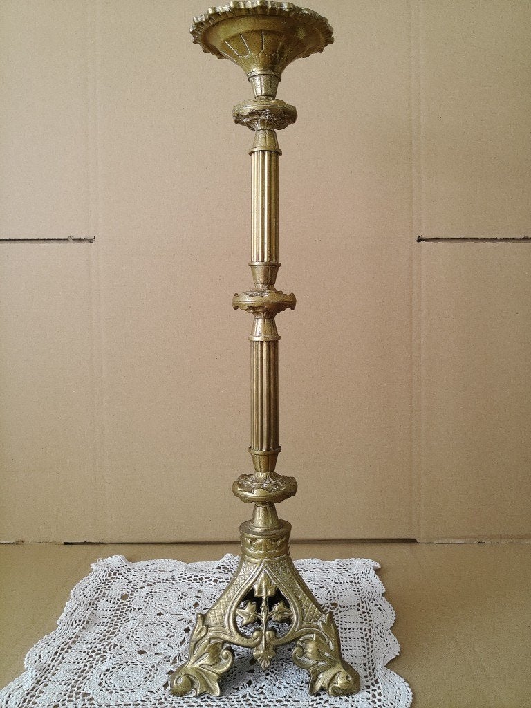 Antieke koperen kandelaar kerkkandelaar Gotische stijl 60cm, Antiek en Kunst, Ophalen of Verzenden