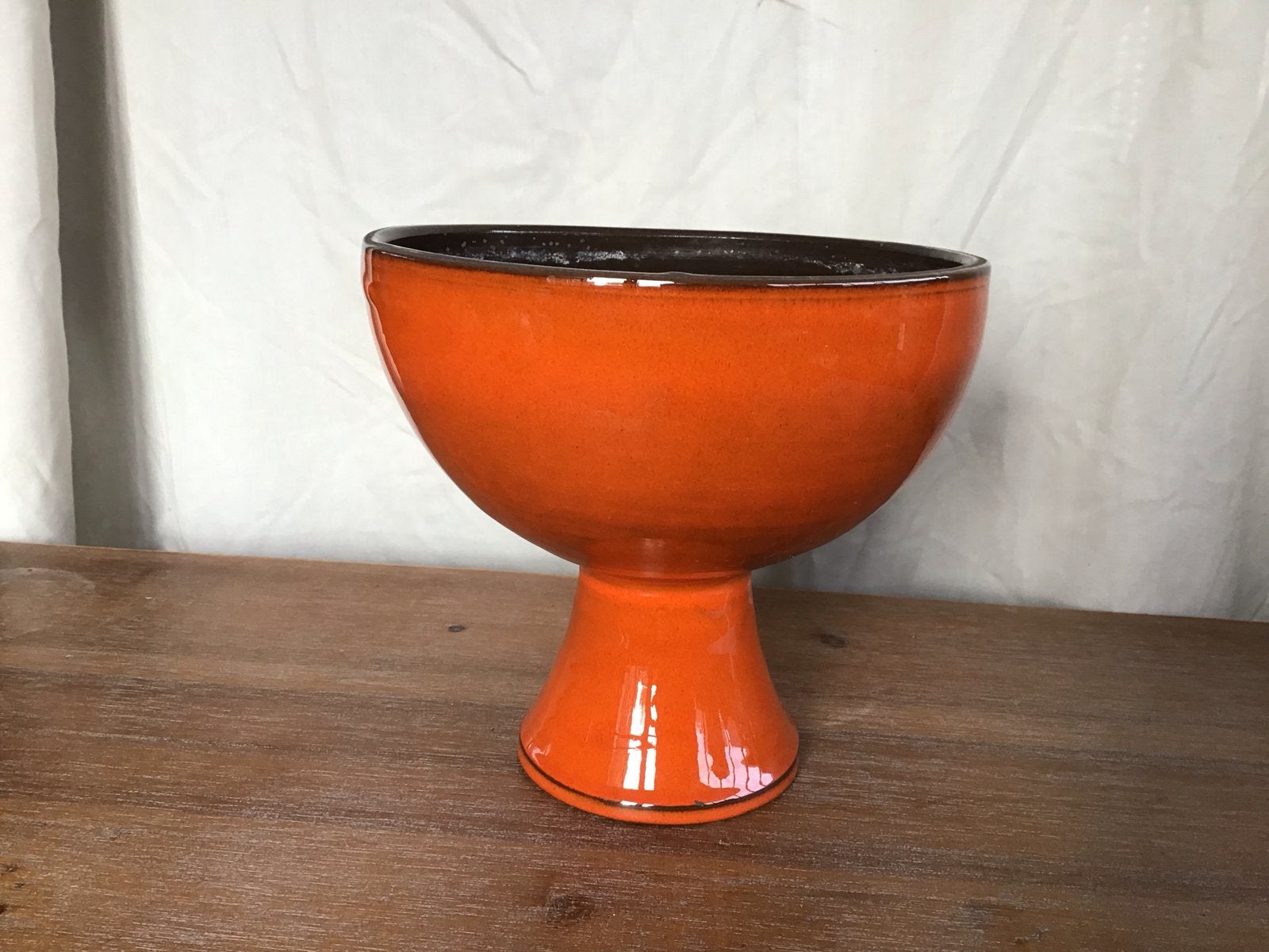 Vintage Oranje Keramieken Bloempot/Schaal op Voet, Antiek en Kunst, Ophalen of Verzenden