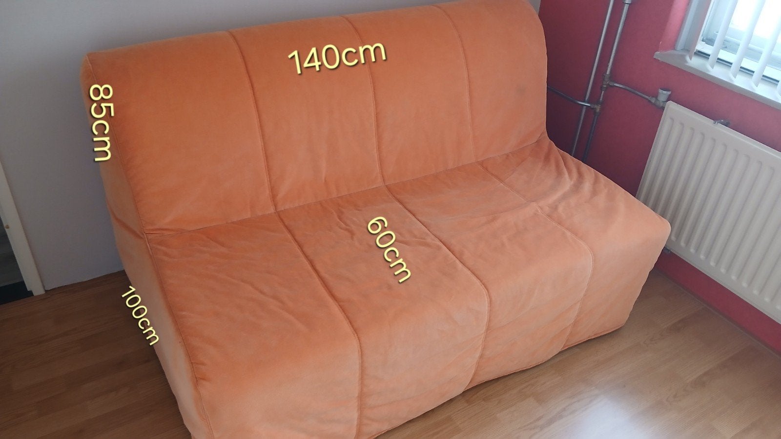 Slaapbank Ikea 140x190 cm met oranje hoes, Ophalen, Gebruikt, Tweepersoons, 140 cm