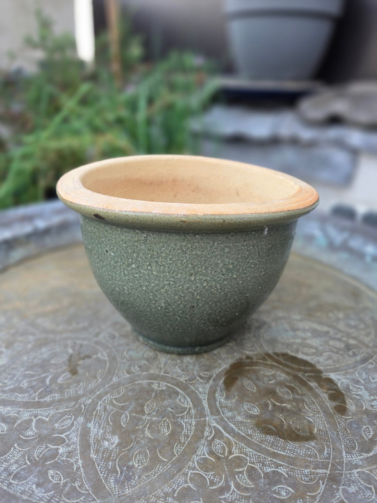 Groene bloempot, diameter 15cm, hoogte 13cm, Gebruikt, Rond, Ophalen of Verzenden, Balkon