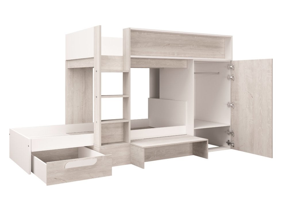 Fano stapelbed met kast en lade - 90x200 - Wit/witgrenen, Huis en Inrichting, Slaapkamer | Bedden, Niet ingevuld, Niet ingevuld