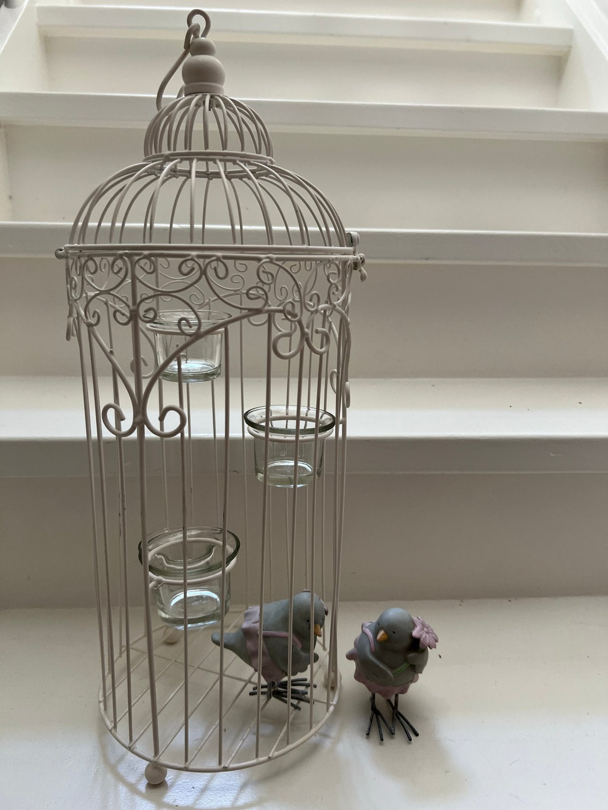 Decoratieve vogelkooi met theelichthouders en vogeltjes, Gebruikt, Ophalen of Verzenden, Landelijk, Metaal