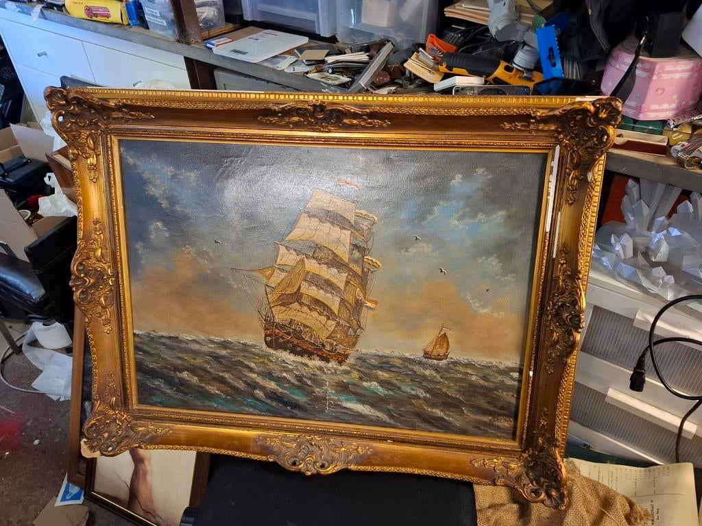 Olieverfschilderij: Zeilschip op woelige zee, Antiek en Kunst, Kunst | Schilderijen | Klassiek, Ophalen