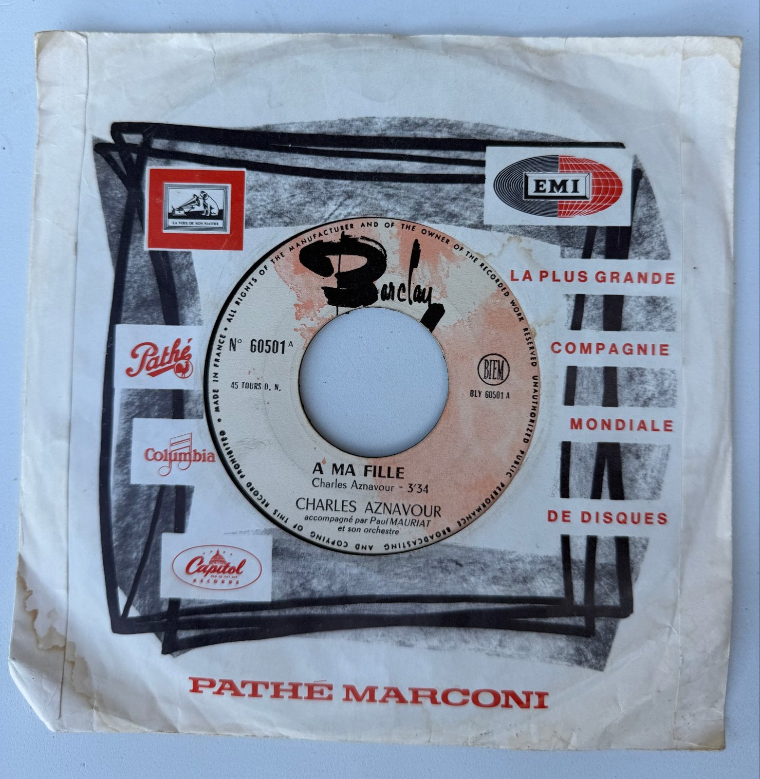 Charles Aznavour - A Ma Fille (45 toeren vinyl single), Ophalen, LP, Gebruikt, Overige genres