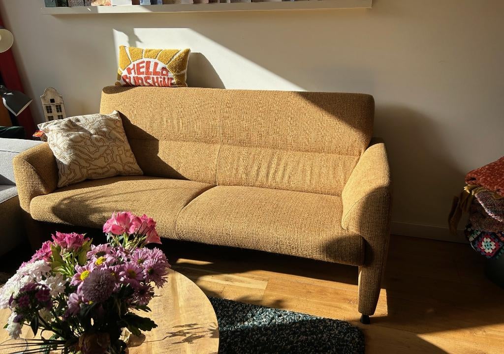 Mooie stoffen gemêleerde gele bank -  3 zits van Montel, Huis en Inrichting, Banken | Bankstellen, Ophalen, Gebruikt, Driepersoons