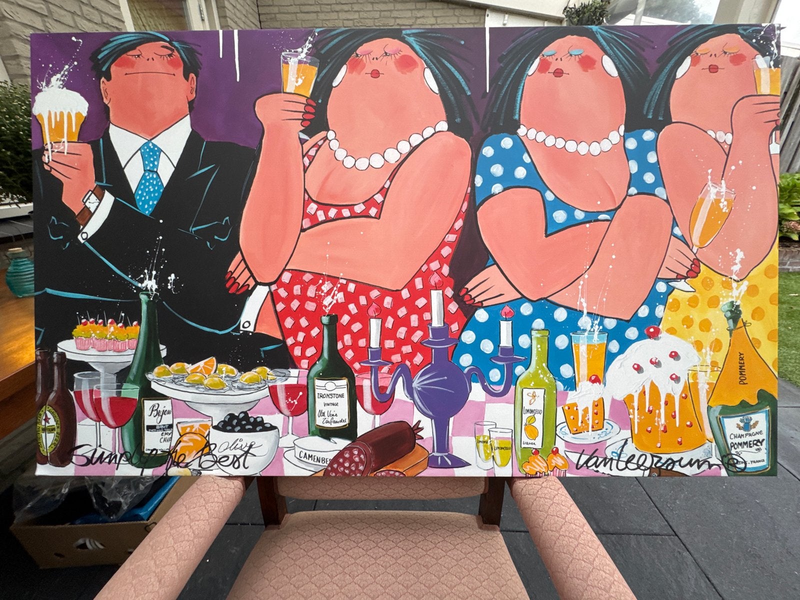 Vrolijk schilderij 'Champagne & Feest' - Handgeschilderd, Antiek en Kunst, Handgeschilderd, Ophalen of Verzenden, Textiel, Figuren