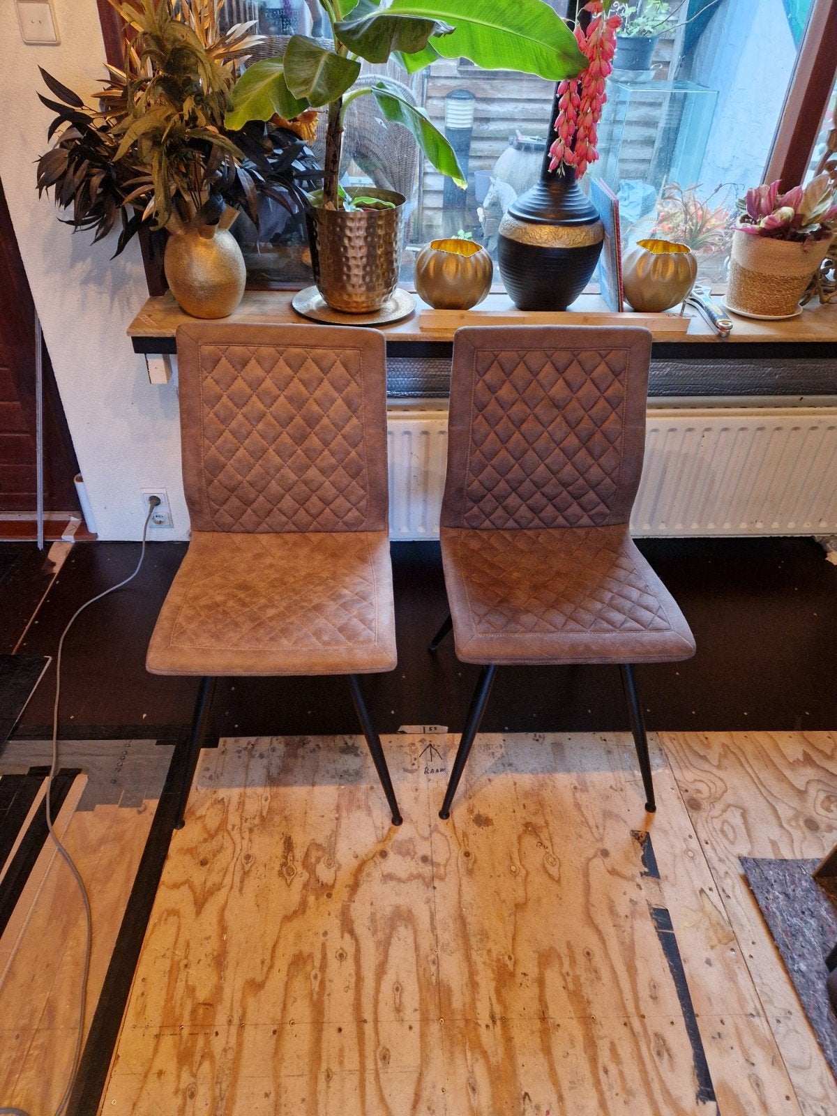Stijlvolle eetkamerstoelen met ruitpatroon (6 stuks), Ophalen, Modern, Klassiek, Gebruikt, Bruin