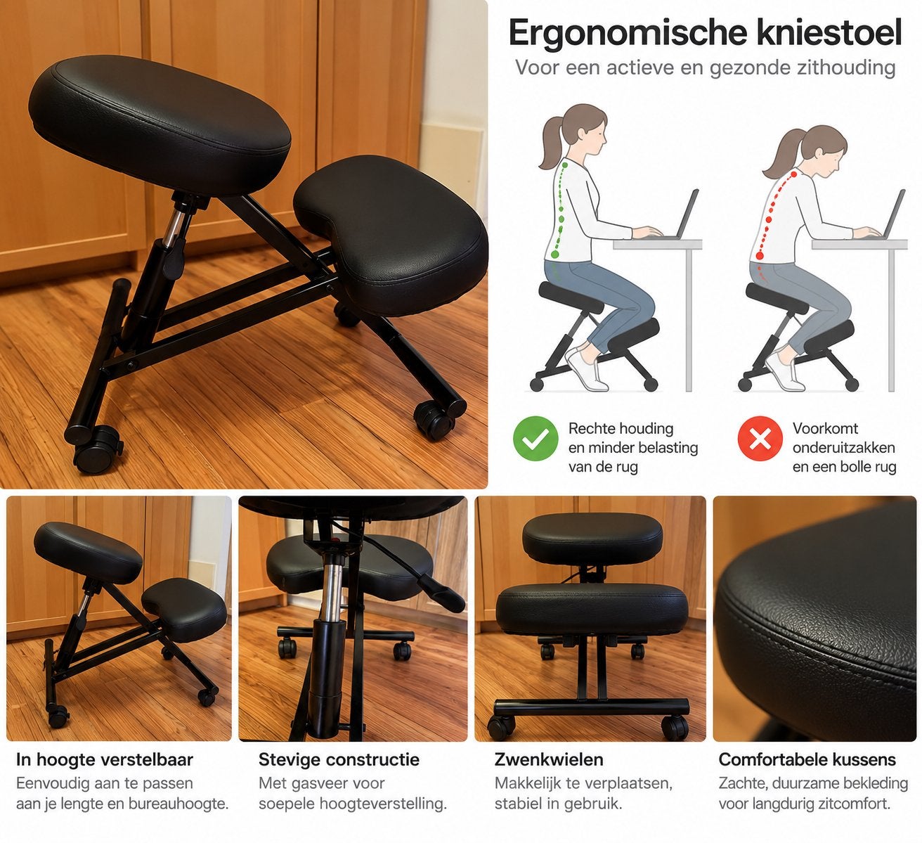 Ergonomische kniestoel – verstelbaar met gasveer & wielen, Ophalen of Verzenden, Zo goed als nieuw