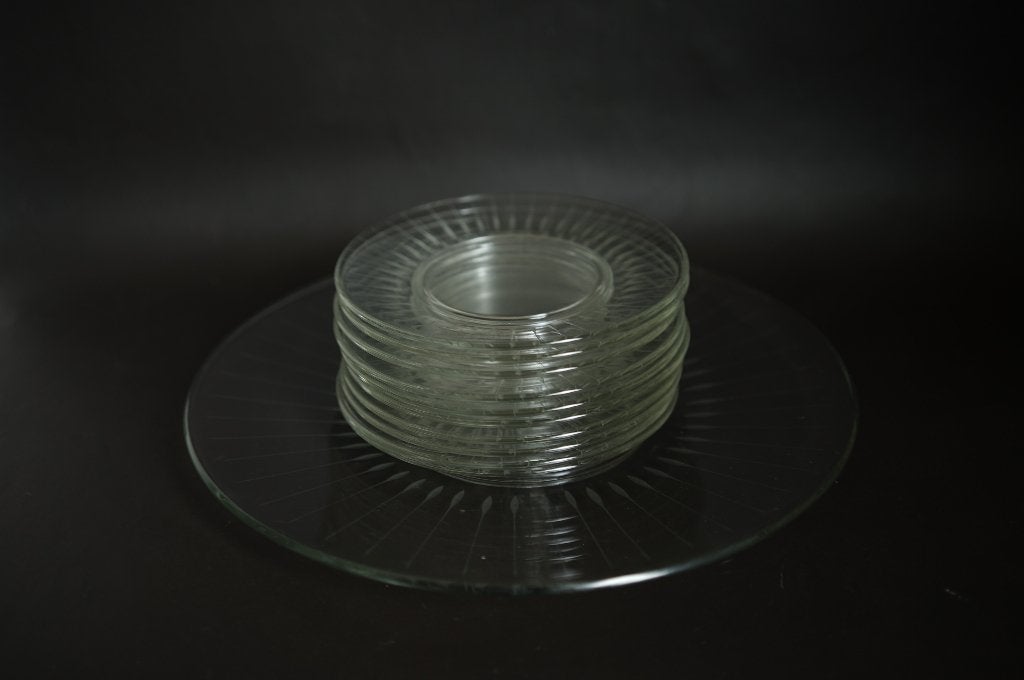 vintage mid century gebakstel geslepen helder glas 11-delig., Gebruikt, Overige merken, Ophalen of Verzenden, Overige stijlen