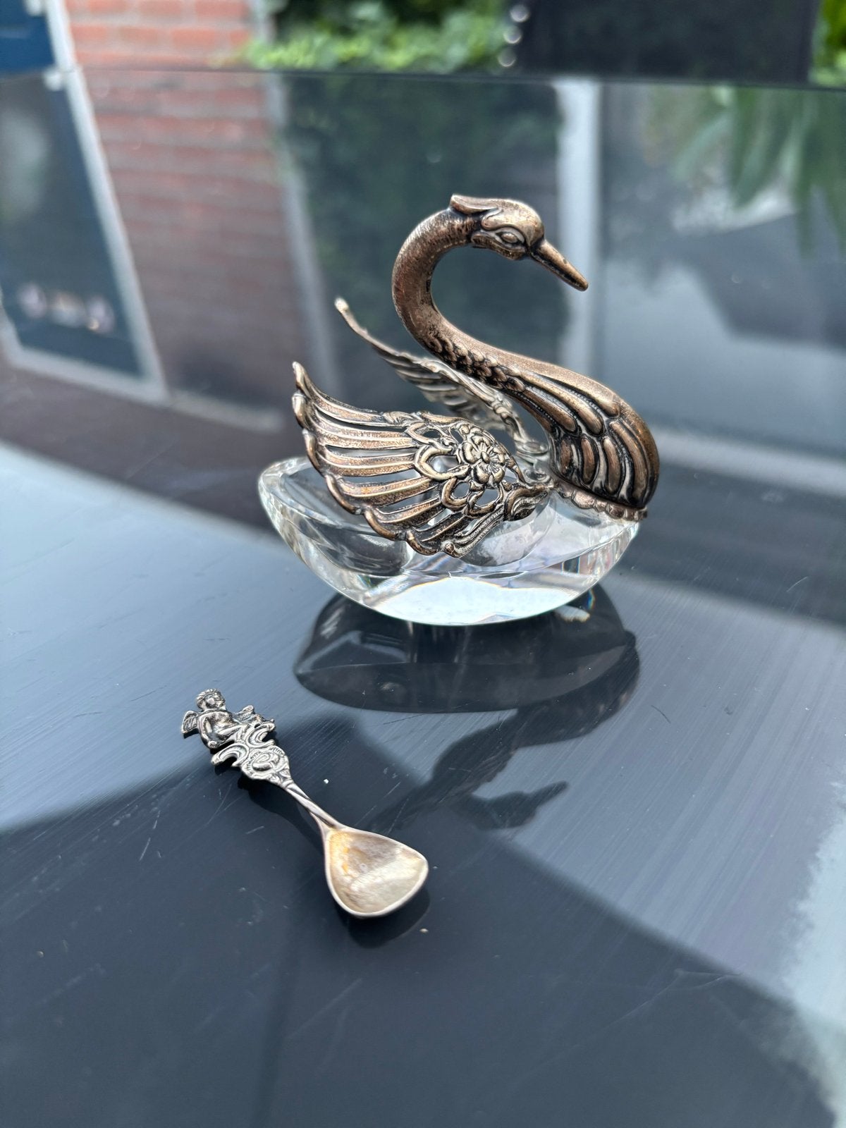 Antiek zilveren zwaan zoutvaatje met lepel (835 zilver), Ophalen of Verzenden, Zilver