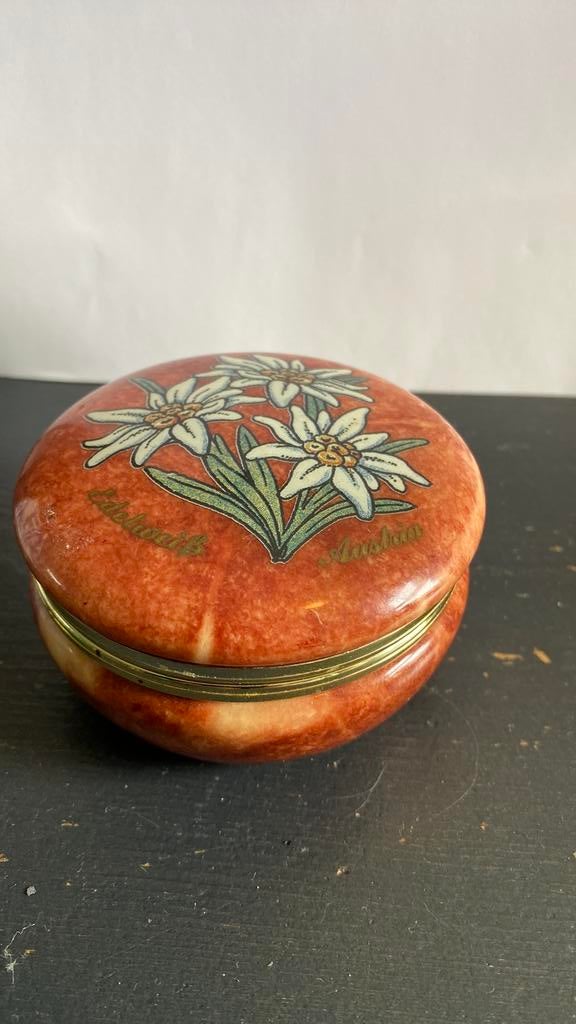 Vintage sieraden box van albast beschilderd met edelweiss, Ophalen of Verzenden