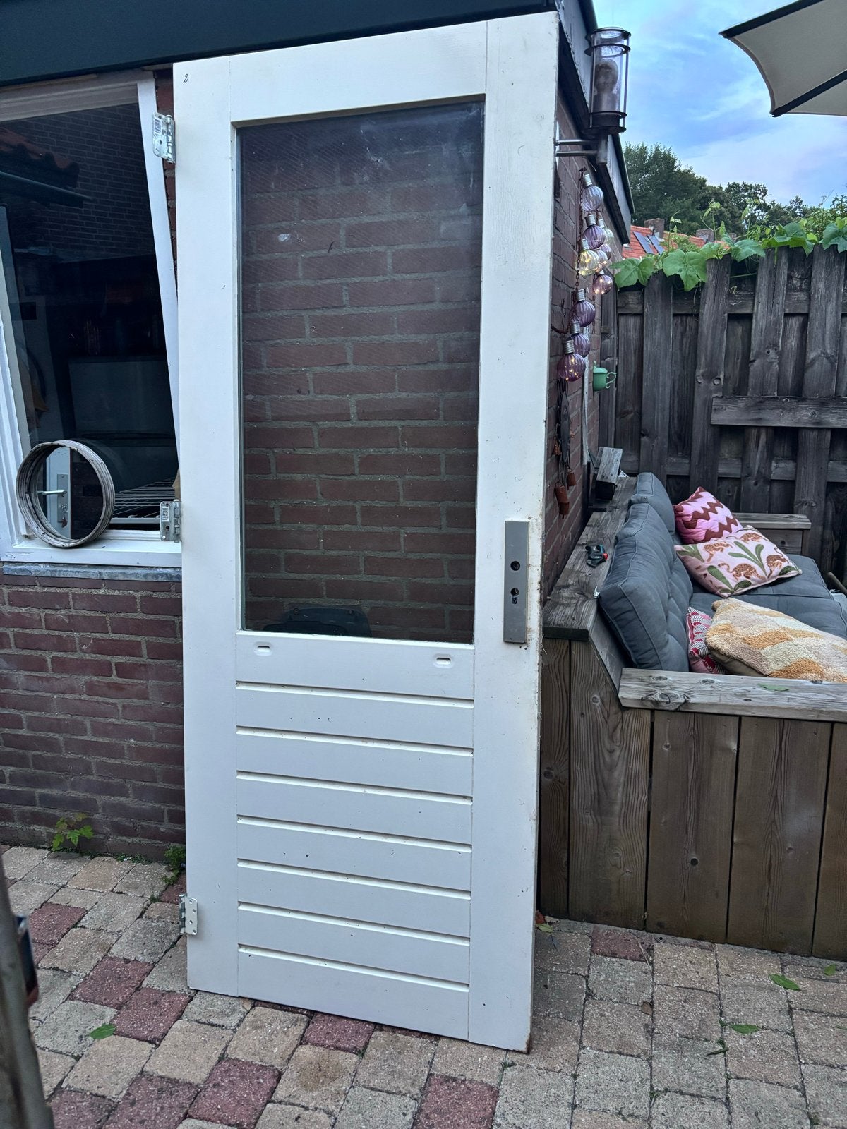 Gebruikte Buitendeur met Glas en Houten Panelen, Gebruikt, 80 tot 100 cm, Ophalen of Verzenden, 200 tot 215 cm